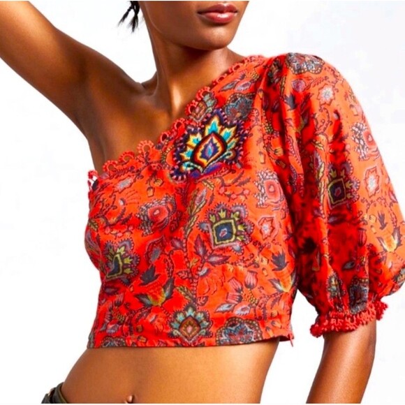 Farm Rio One Shoulder Puff Sleeve Boho Crop Top Red Paisley Floral Embroidered S - Picture 1 of 13